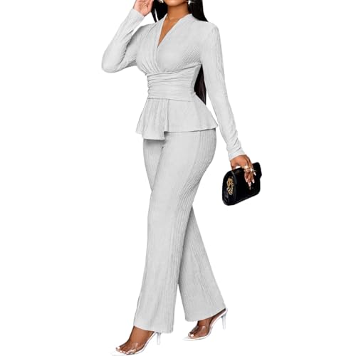 TOPSRANI Womens Bodycon Lounge Sets 2 Piece Outfits Casual Sweatsuits Tracksuit V-Neck Long Sleeve Cute Pants Sets - Image 3