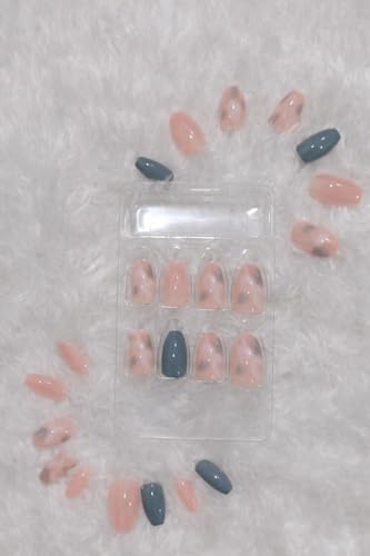 Image of 24 Pcs Reusable Artificial Nails Fake Nails with Glue and Kit| Blue Marble Reflective smooth top coat Press On Nails | ABS Material UV Protected Long Lasting Finish | Reusable Customizable Nail Kit |Medium Square Nails (White - Long Almond)