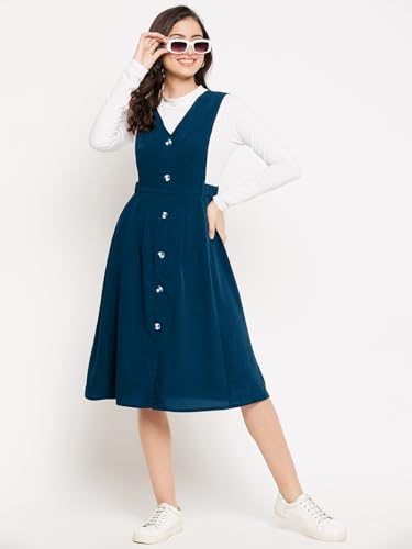 Image of WineRed Women Soild Pinafore Dress with Button