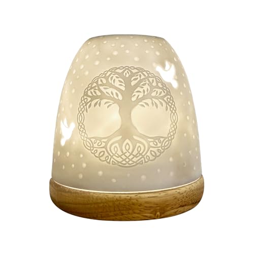 Cello Grand photophore en porcelaine – Motif arbre de vie avec projection 3D pour bougie LED parfumée non parfumée – pour la maison, la chambre à...