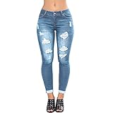 LONGBIDA Women's Stretch Ripped Jeans Skinny Distressed Destroyed Cuffed Denim Pants (Light Blue, M)