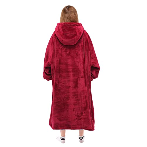 Image of Waitu Wearable Blanket Sweatshirt for Women and Men, Super Warm and Cozy Giant Blanket Hoodie, Thick Flannel Blanket with Sleeves and Giant Pocket - Red