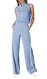 SENSERISE Womens Summer Jumpsuits Dressy Casual Sleeveless Mock Neck Top Wide Leg Pants Romper with Pockets(Light Blue,S)