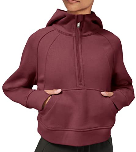 Laslulu Womens Fuzzy Cropped Hoodies Sport Athletic Zip Up Hoodie Stand Collar Sweater Fleece Lined Sweatshirt Long Sleeve Pullover Tops Pockets(Burgundy Xx-Large) #TOP1