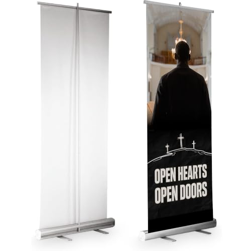 DreamController Church Retractable Stand Banner by DC | 33"x81" Roll-Up Display | Open Doors Open Hearts Vertical Pull-Up Banner Stand for Trade Shows & Events | Made in USA