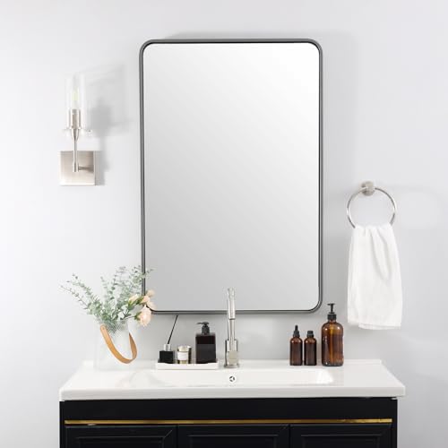 ANDY STAR 24x32 INCH Grey Bathroom Mirror, Gray Bathroom Vanity Mirrors for Wall, Rounded Rectangle Mirror for Bathroom, Tube Metal Frame, 1’’ Deep Wall Mounted Vertical/Horizontal