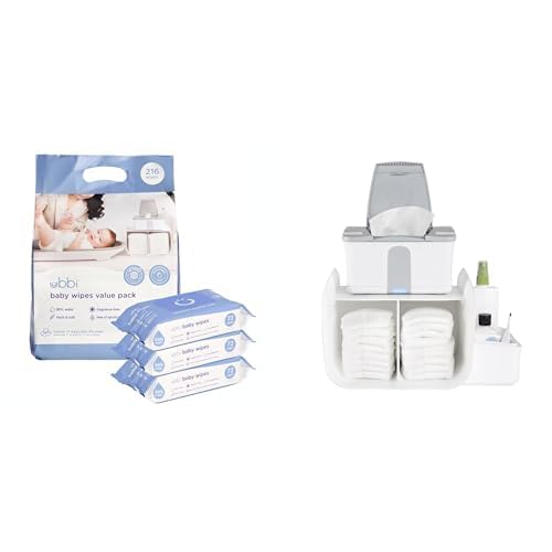 Bundle of Ubbi Fragrance-Free Baby Wipes, 99% Water and Plant Based, Hypoallergenic for Sensitive Skin with Chamomile, Vitamin E &amp; Aloe, EWG Verified, 3 Pack (216 Wipes Total) + Diaper Caddy Organizer