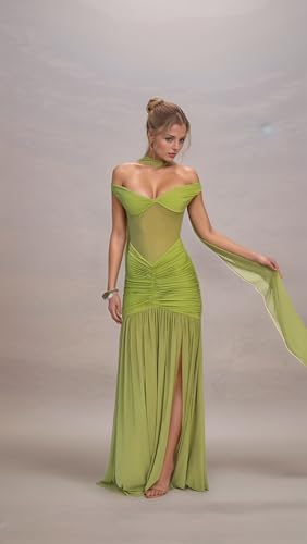 ALFEICE V Neck Bridesmaid Dresses Pleated Chiffon 2025 Off Shoulder Flowy Formal Evening Wedding Guest Dress with Slit4