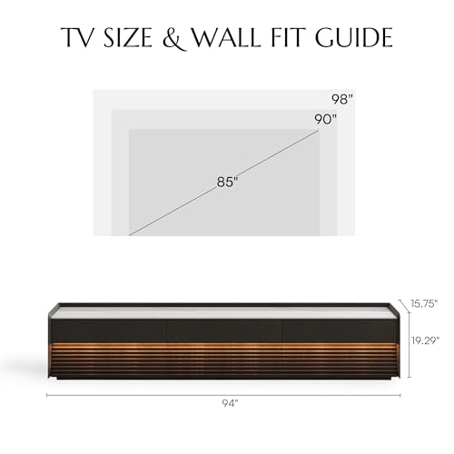 Image of POVISON Fully-Assembled Mid Century Glossy Sintered Stone TV Stand, 94.49 inch Wood Media Console with Adjustable LED Light, Entertainment Center with Storage for Living Room