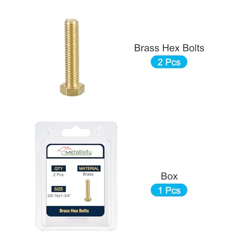 Image of METALLIXITY Hex Head Screw Bolt (3 /8-16x1-3 /4) 2Pcs, Brass Fully Threaded Solid Brass Hex Bolts Machine Screws - for Machinery Repair