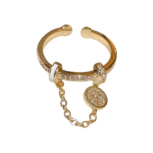 CZ Round Chain Promise Statement Ring for Women Silver Gold-Toned Dainty Crystal Disc Tassel Dangle Drop Open Wrap Finger Rings Adjustable Comfort Fit Fashion Wedding Birthday Holiday Jewelry (14K Gold-Toned)