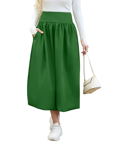 Women's Bubble Long Skirt Elastic Waist A-Line Pleated Ruffle Flowy Balloon Maxi Skirts with Pockets