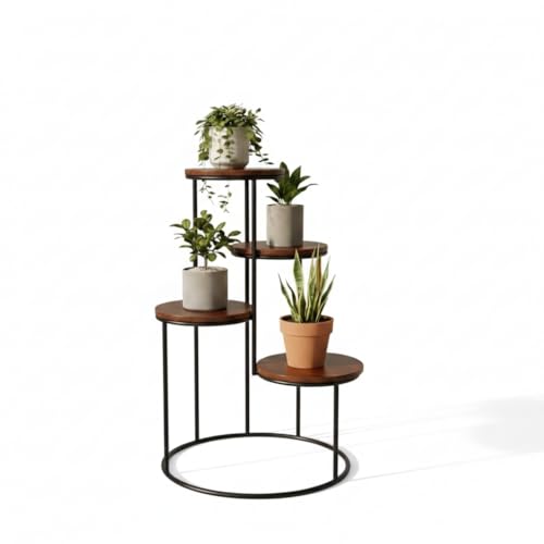Image of Modern 4-Tier Plant Stand Indoor Metal & Wood | 60 cm Tall Multi-Level Flower Pot Stand | Heavy Duty Corner Plant Rack for Living Room, Balcony, Garden | Decorative Plant Holder for Indoor Use (Brown Black)