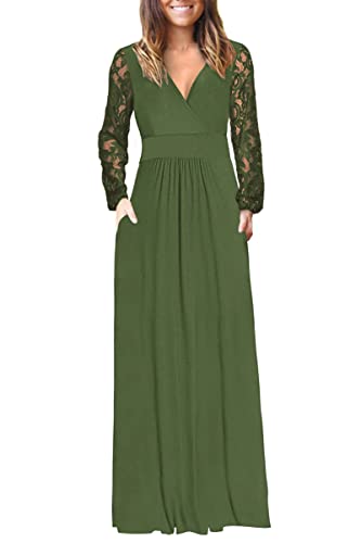 Image of AUSELILY Womens Long Sleeve Maxi Dress 2026 Fall Lace Long Sleeve Dress V Neck Wrap Waist Long Dresses with Pockets