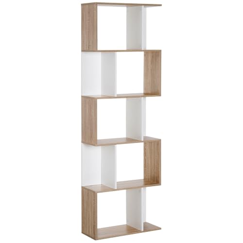 HOMCOM Librería de 5 Niveles en Forma de S 60x24x184,5 cm Blanco y Natural