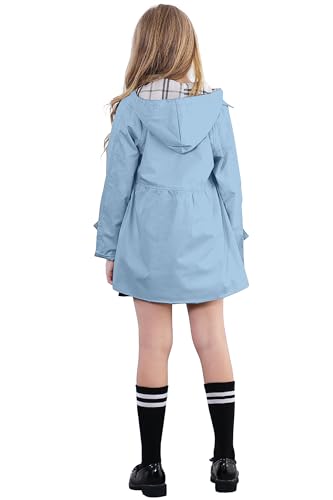 Betusline Girl's Single Breasted Windbreaker Hoodie Jacket Dress Coat Trench Coat Outerwear for Girl,1# Light Blue,7-8 Years = Tag 1404