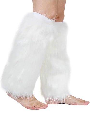 Barelove Leg Warmers for Womens Winter Faux Fur Leg Fuzzy Plush Soft Furry Long Boot Cuff Covers Halloween Santa Costume for Christmas Easter St Patricks Day (White)