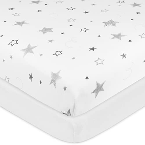 Image of American Baby Company 2 Pack 100% Natural Cotton Fitted Cradle /Bassinet Sheets 36 inch x 18 inch - Soft, Breathable & Hypoallergenic Bed Sheets, White and Super Stars, Neutral for Boys & Girls