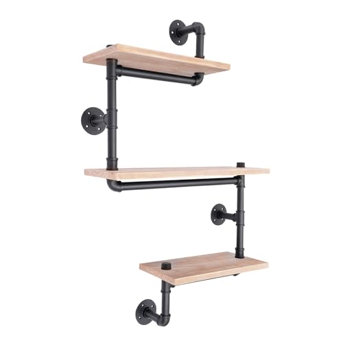 TyochiAki Estantería de pared industrial de madera de 3 capas, estantes tubulares vintage, 30 50 kg, estante colgante rústico para casa, oficina, bar