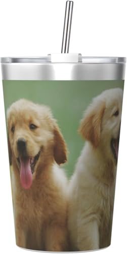 魔法瓶 二匹のゴールデンレトリバーの子犬 タンブラー 350ml ステンレス製 水筒蓋とストロー付き 真空断熱漏れない 持ち運び 直飲み 子供 通勤 通学 かわいい おしゃれ プレゼント