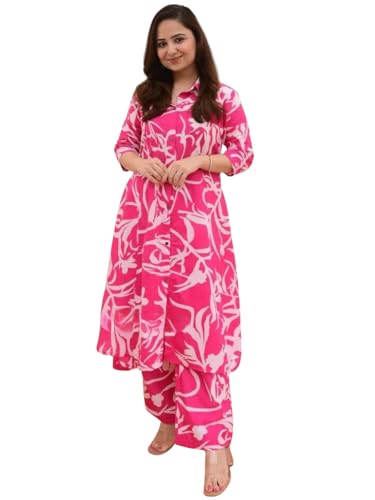 Image of Leriya Fashion Women's Cotton Printed A-Line Kurti Pant Set | Abstract Leaf & Floral Kurta with Trouser Pant | Casual Ethnic Co-ord Set for Women Stylish | Elegant Anarkali Style Tunic Kurta Set