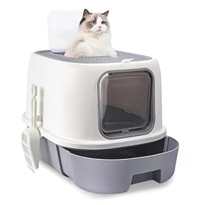 CALIYO Katzenklo mit Deckel – Anti-Geruch Katzentoilette Geschlossen hoher Rand, Katzenklo Groß XXL mit Schublade & Sieb für Große Katzen, Cat Litter Box (53×41×40 cm, Grau-Weiß)