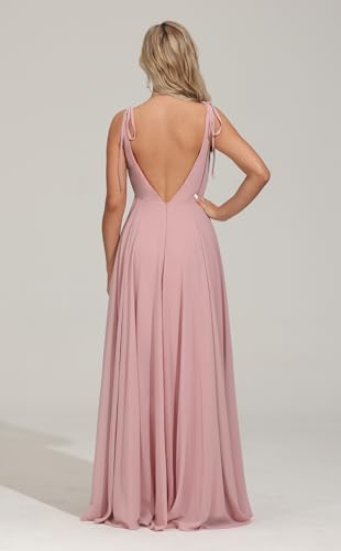 Image of HSFIYAKJ Bridesmaid Dresses Long Chiffon Formal Dress Open Back V Neck Evening Prom Gown for Women with Pockets