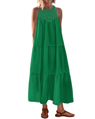 Image of BTFBM Halter Summer Dresses for Women 2026 Casual Spring Hollow Out Sleeveless Boho Sundresses Beach Vacation Maxi Dress