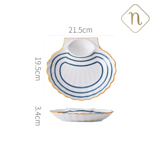 Image of Nestasia Set of 2 Ceramic Shell-Shaped Snack Plate with Dip Section for Chutney | Microwave & Dishwasher Safe Starter Plates | Perfect for Fries, Momos, Sushi, Kebab (White & Blue)