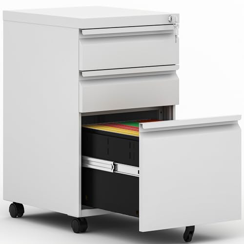 BIZOEIRON 3 Drawer Mobile File Cabinet, Under Desk Metal Filing Cabinet with Lock and Wheels, Rolling File Cabinet for Home Office Legal/Letter/A4 File (White)