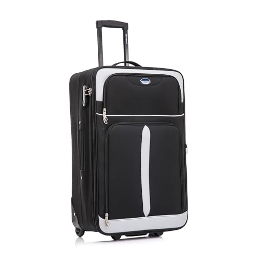 Aerostar Medium 26” Lightweight Softshell Expandable Suitcase, Check in Luggage 2 Corner Wheels with Integrated Combination Lock (Black/Grey, 70 litres)