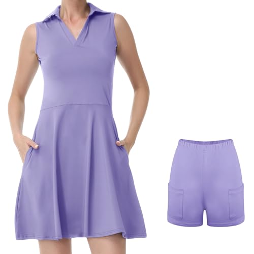Bezioner Vestido Tenis Mujer Vestido Deportivo con Pantalones Cortos Vestido Polo con Bolsillos Vestido de Golf sin Mangas Morado L