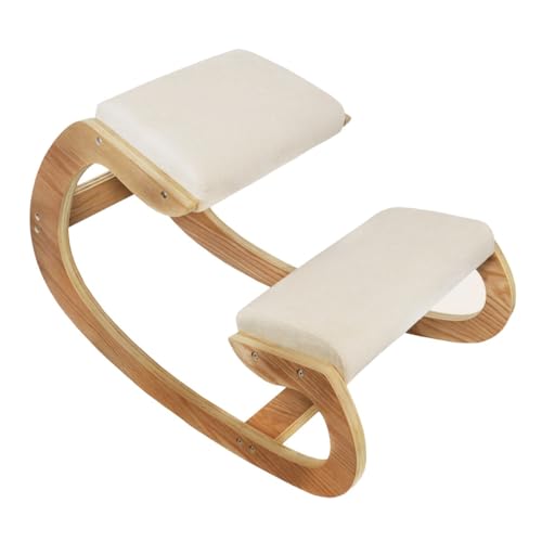 Ergonomic Kneeling Chair Wooden Oak White Linen Fabric 8cm Thick Padded Cushion Office Home Rocking Orthopaedic Posture Stool Back Knee Support 120kg Capacity FREE Keyboard and Mouse Wrist Rest Pads
