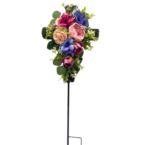 Svndlyn 32 Solar Memorial Cross Light for Cemetery Grave Peony & Rose Floral Stake with 6 Warm LEDs - Artificial Cross Stake Wreath for Garden Roadside Tribute