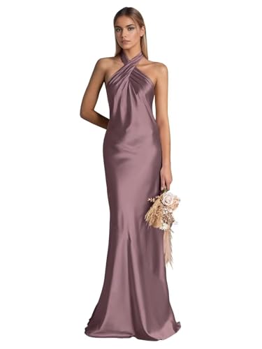 TIRAS Elegant Long Mermaid Bridesmaid Dresses for Wedding 2025 Halter Neck Satin Formal Party Gowns CM411