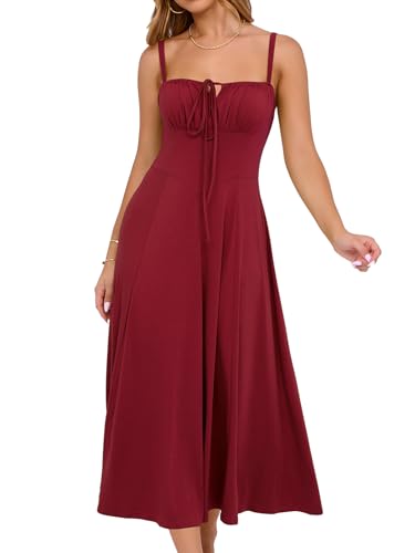 Image of YATHON Women's Summer Midi Corset Boho Dresses Spring Casual Floral Spaghetti Straps Lace Up Dress Flowy Aline Beach Sundress