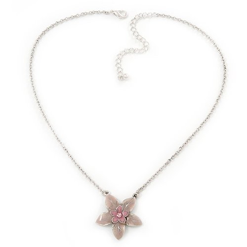 Colgante de flor esmaltada rosa con cadena plateada corta de 36cm 4