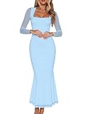 BORIFLORS Women's Ruched Bodycon Long Sleeve Maxi Dress Mesh Square Neck Cocktail Party Long Dresses, Medium, Baby Blue