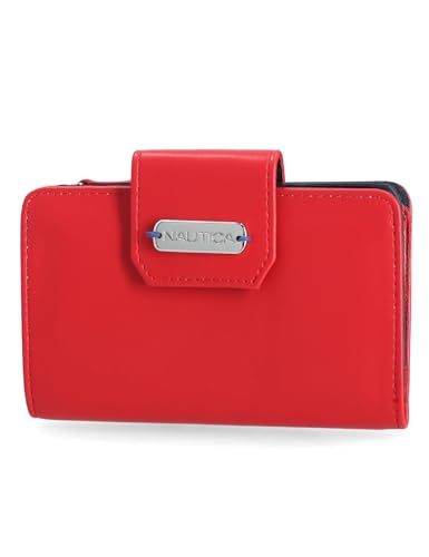 Image of Nautica Womens, Close Reach Vegan Leather RFID Wallet, Small Credit Card Holder Purse with Zipper Coin Pocket and ID Window in Fuego Red
