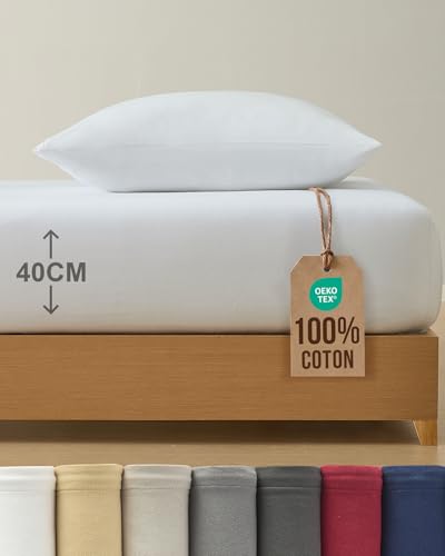 Drap-Housse Jersey Coton 90x200cm Blanc avec Taie 80x80cm