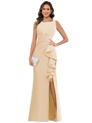 Satin Mother of The Bride Dresses for Women Long Ruffles Mermaid Ruched Formal Evening Gown with Slit