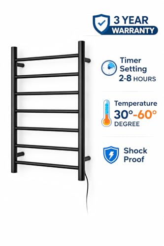 Image of HIVA Heated Towel Rail | 800x500 mm | 7 Heating Bars | Stainless Steel Wall-Mounted Electric Warmer | Fast Heating, Rust-Resistant | for Bathroom & Home | 3-Year Warranty