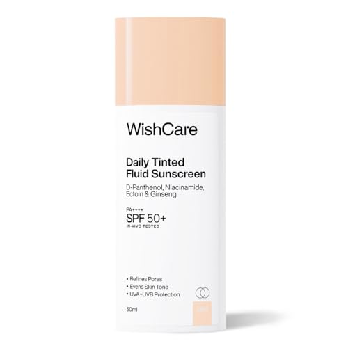 Image of WishCare Daily Fluid Tinted Sunscreen SPF50 PA++++ | L103 | Broad Spectrum Protection for all skin types | In-Vivo Tested Tinted Sun Screen | D-Panthenol, Niacinamide, Ectoin & Ginseng | Evens & Protects | 50ml