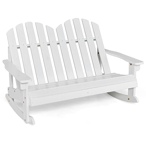 COSTWAY Silla Mecedora Adirondack para 2 Plazas, Banco Mecedor Exterior Niños con Asiento de Listones, Pies de Balancín Suave, Respaldo Alto, Capacidad 100 kg, Balcón, Patio, Piscina (Blanco)