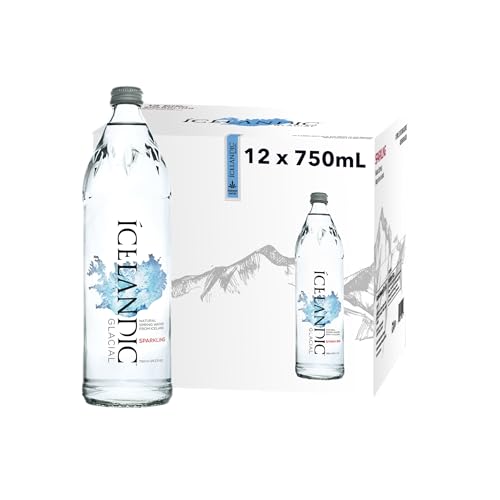 Icelandic Glacial Premium Sprudelwasser, 12 x 750 ml Glasflaschen – Alkalisch/Niedriger pH-Wert, klimaneutral, aus isländischen Quellen. Niedriger Gehalt an gelösten Feststoffen (TDS) und Mineralien