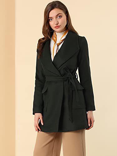Allegra K Women’s Medium Black Winter Wrap Coat with Turndown Collar and Tie Belt - Image 2