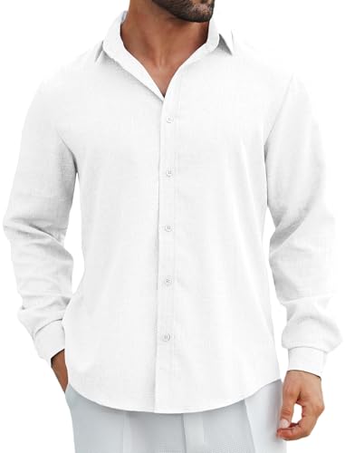 MAPICK Camisa de lino de manga larga con botones para hombre, estilo casual, para playa, vacaciones, otoño, Blanco, XX-Large