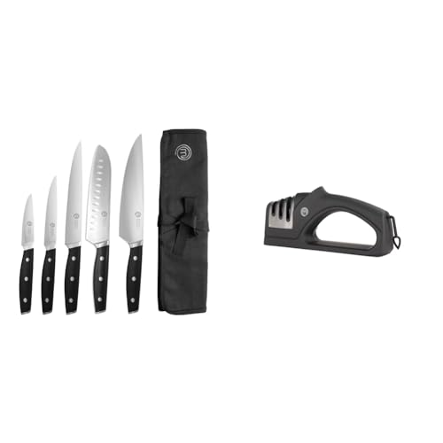 MasterChef Chef Knife Set with Bag, Professional Chef Knives x 5 with Knife Roll Bag & Kitchen Knife Sharpener 3 Stage Sharpening System (Coarse/Medium/Fine)