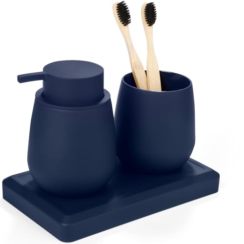 AJEUNGAIN Ensemble Salle de Bain Accessoire Bleu, Organisateur Salle de Bain 3 Pièces - Distributeur Savon, Porte Brosse a Dent, Plateau (Bleu)