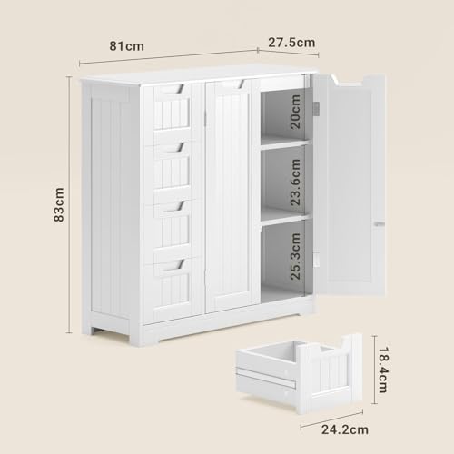Miniatura 3 de Xbro Armario De Baño Con 4 Cajones Y 2 Puertas, Mueble Auxiliar Con Estante Ajustable Para Baño, Cocina Y Salón, Almacenamiento Multiusos, 81 X 30 X 83 Cm, Blanco